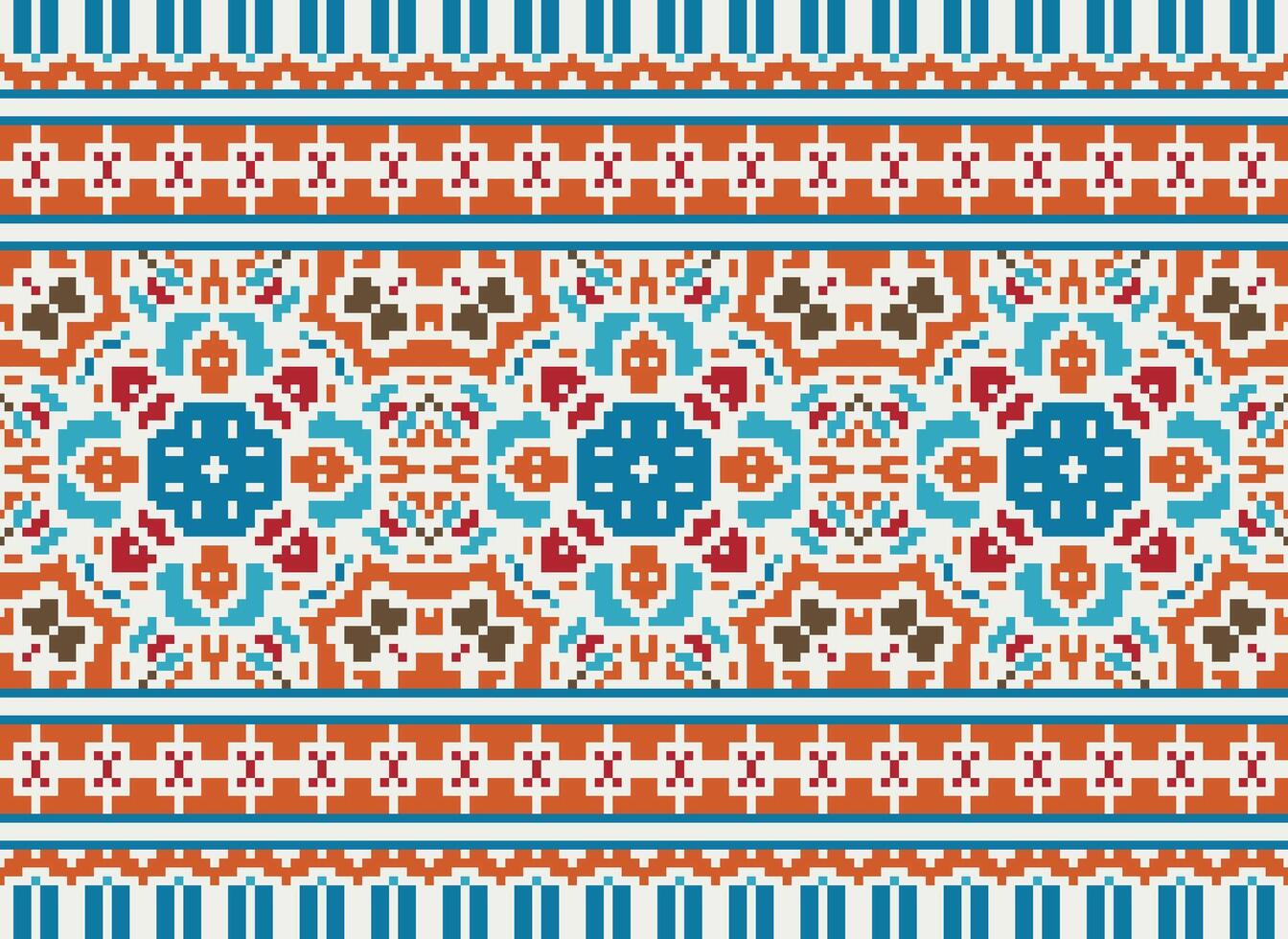 Cross Stitch Embroidery. Ethnic Patterns. Native Style. Traditional Design for texture, textile, fabric, clothing, Knitwear, print. Geometric Pixel Horizontal Seamless Vector. vector
