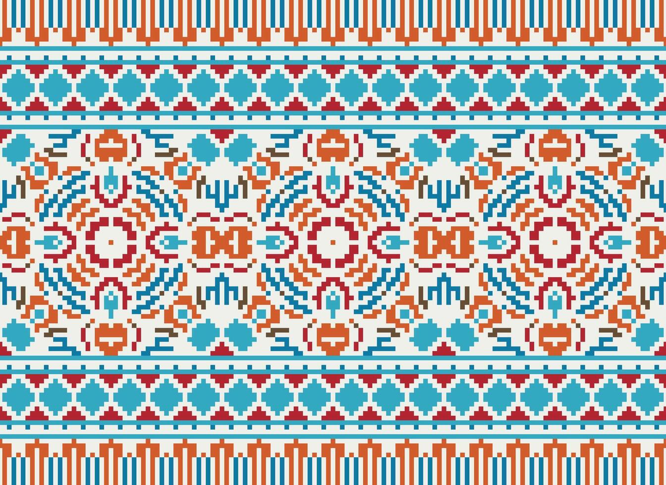 Pixel cross stitch traditional ethnic pattern paisley flower Ikat background abstract Aztec African Indonesian Indian seamless pattern for fabric print cloth dress carpet curtains and sarong vector
