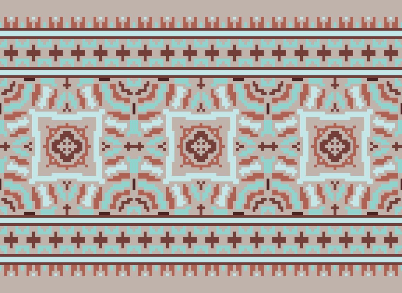 Pixel cross stitch traditional ethnic pattern paisley flower Ikat background abstract Aztec African Indonesian Indian seamless pattern for fabric print cloth dress carpet curtains and sarong vector