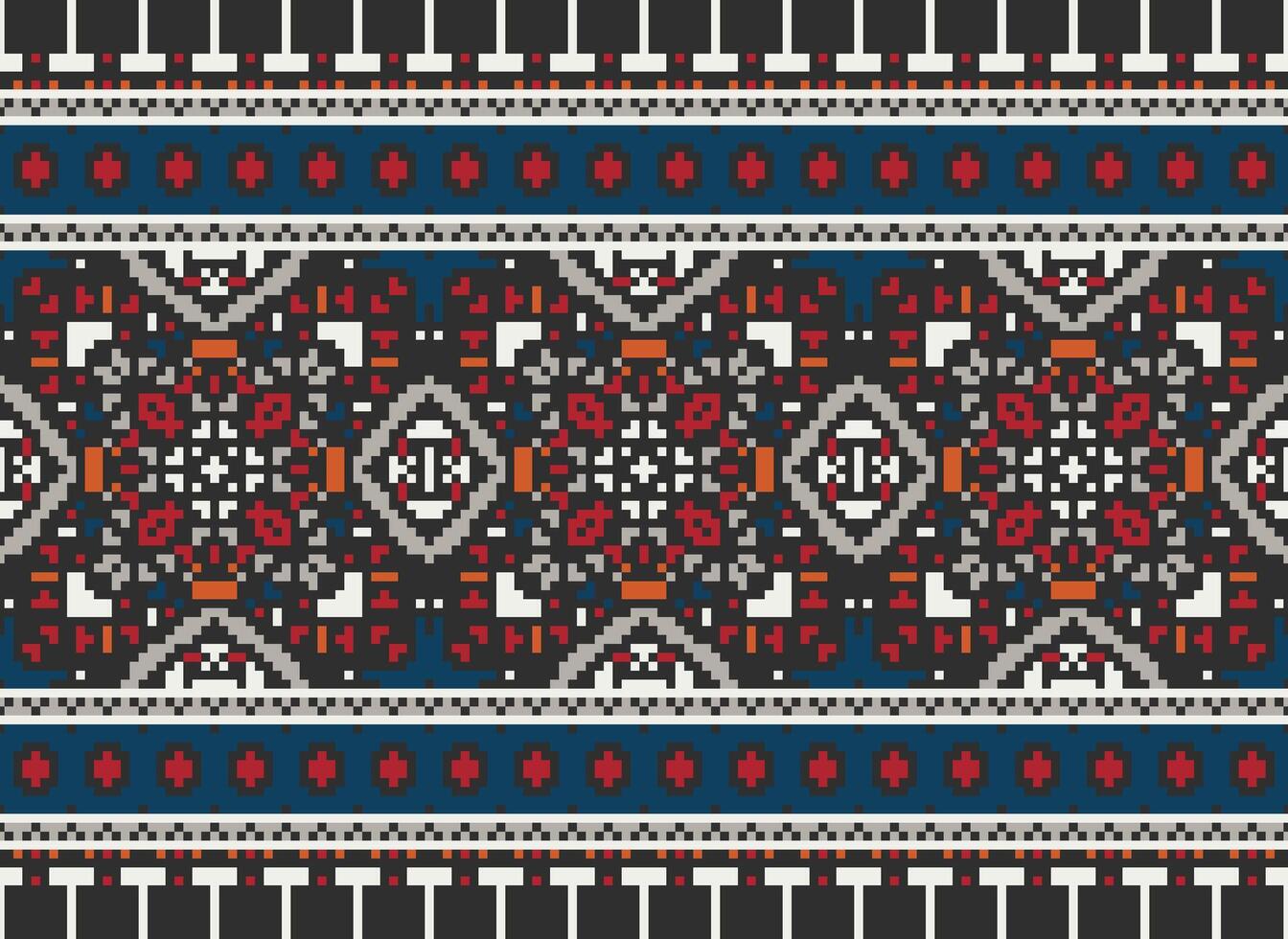 Pixel cross stitch traditional ethnic pattern paisley flower Ikat background abstract Aztec African Indonesian Indian seamless pattern for fabric print cloth dress carpet curtains and sarong vector