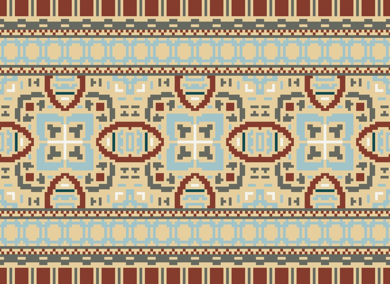 Pixel cross stitch traditional ethnic pattern paisley flower Ikat background abstract Aztec African Indonesian Indian seamless pattern for fabric print cloth dress carpet curtains and sarong vector