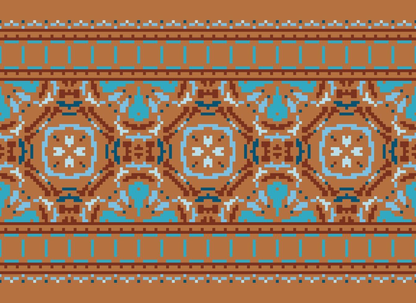 Pixel cross stitch traditional ethnic pattern paisley flower Ikat background abstract Aztec African Indonesian Indian seamless pattern for fabric print cloth dress carpet curtains and sarong vector