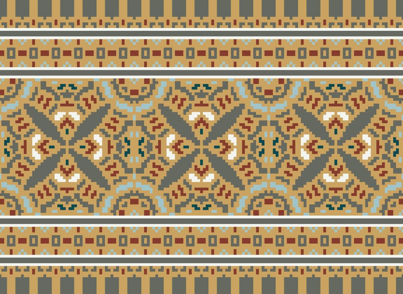 Pixel cross stitch traditional ethnic pattern paisley flower Ikat background abstract Aztec African Indonesian Indian seamless pattern for fabric print cloth dress carpet curtains and sarong vector