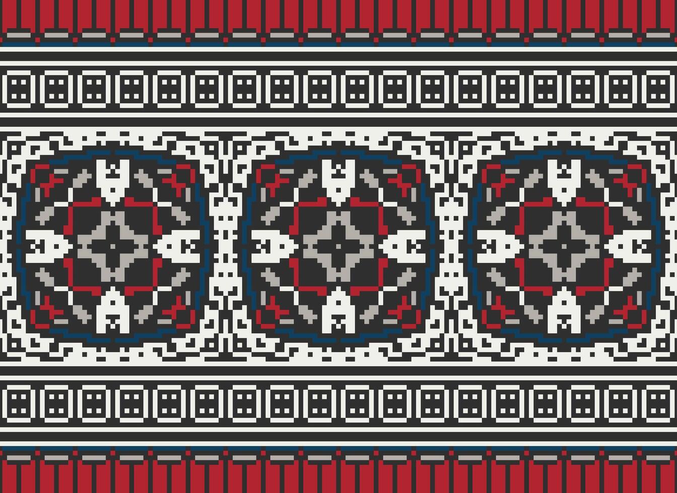 Pixel cross stitch traditional ethnic pattern paisley flower Ikat background abstract Aztec African Indonesian Indian seamless pattern for fabric print cloth dress carpet curtains and sarong vector