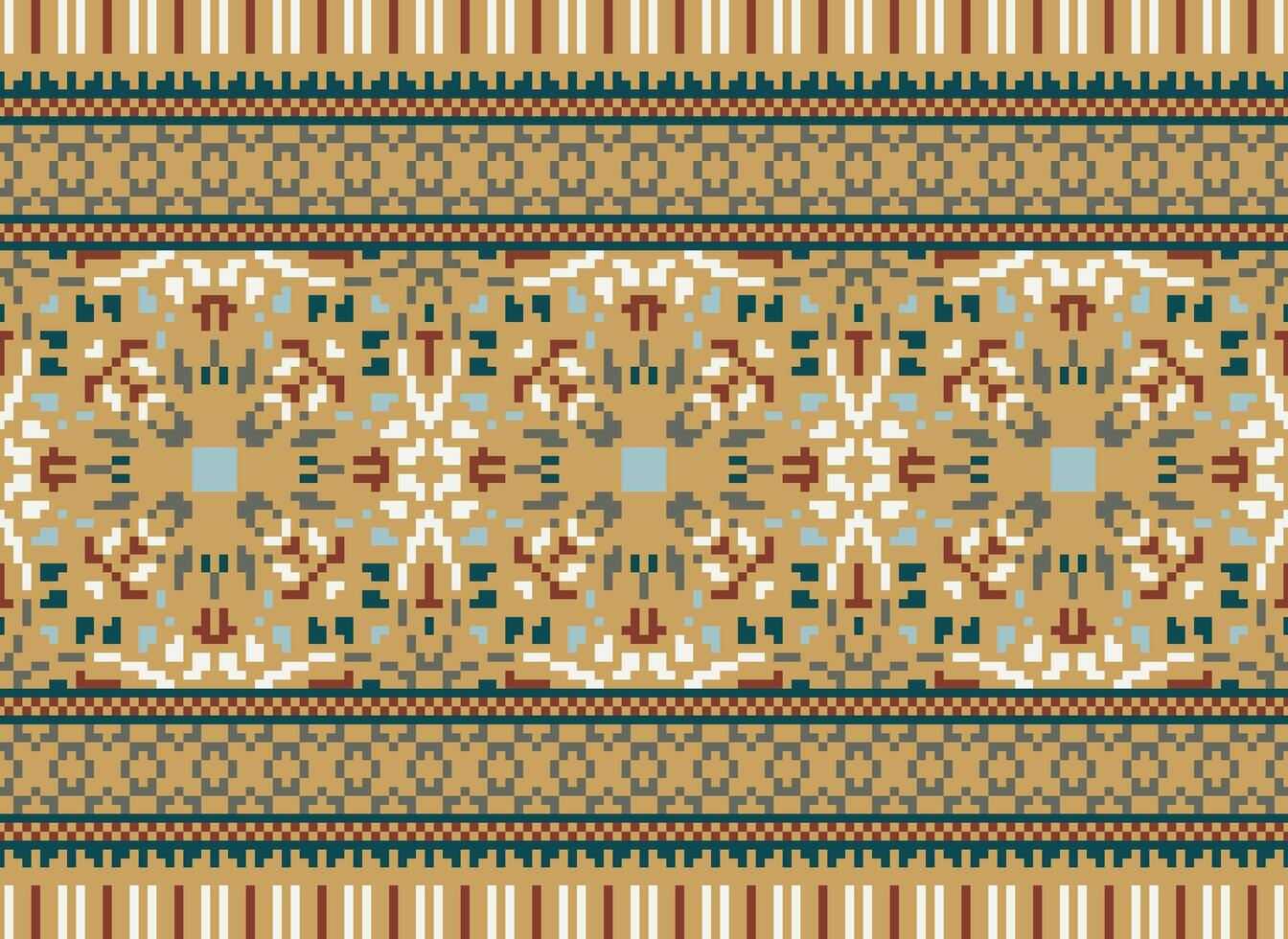 Cross Stitch Embroidery. Ethnic Patterns. Native Style. Traditional Design for texture, textile, fabric, clothing, Knitwear, print. Geometric Pixel Horizontal Seamless Vector. vector