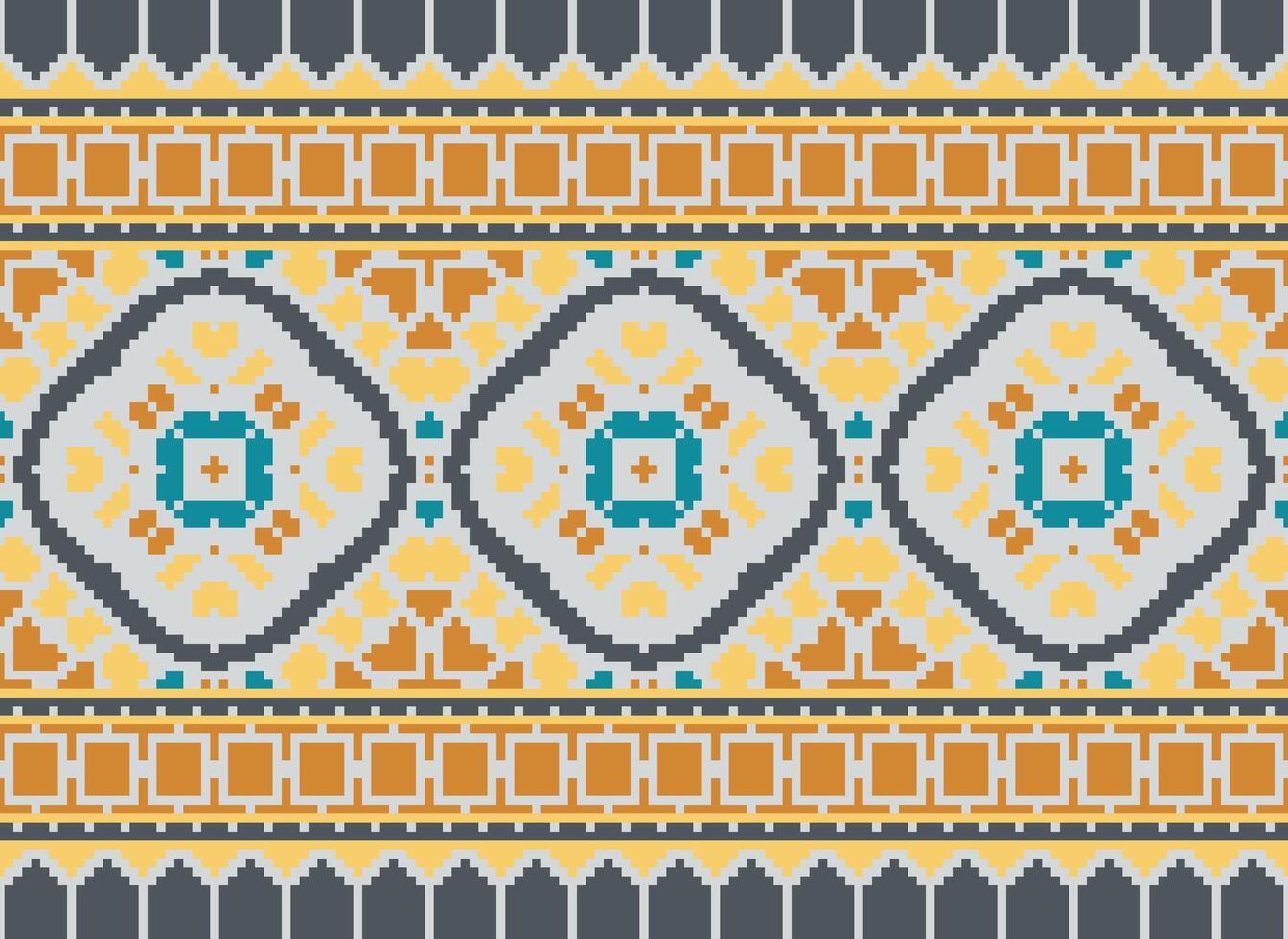 Pixel cross stitch traditional ethnic pattern paisley flower Ikat background abstract Aztec African Indonesian Indian seamless pattern for fabric print cloth dress carpet curtains and sarong vector