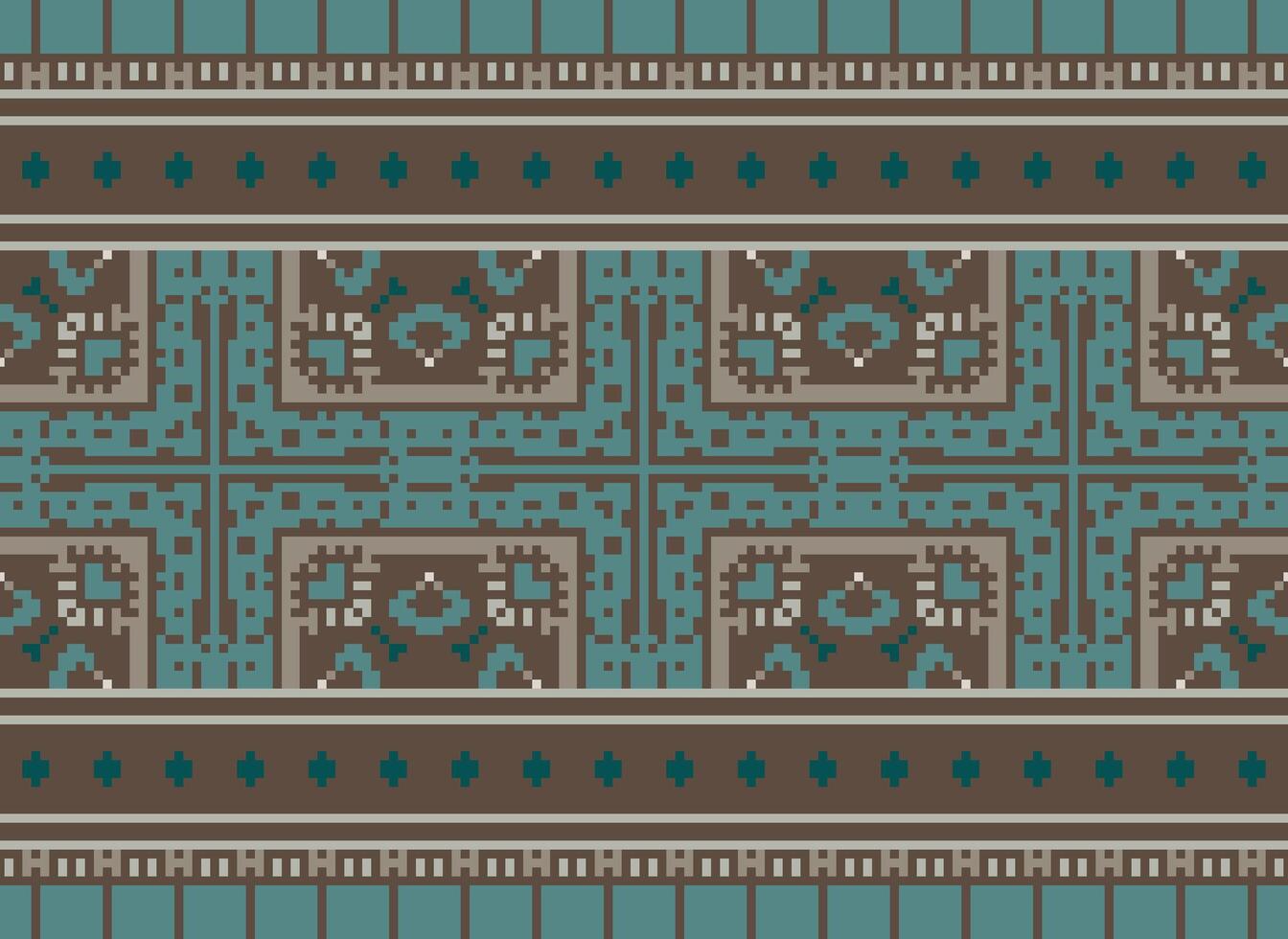 Pixel cross stitch traditional ethnic pattern paisley flower Ikat background abstract Aztec African Indonesian Indian seamless pattern for fabric print cloth dress carpet curtains and sarong vector