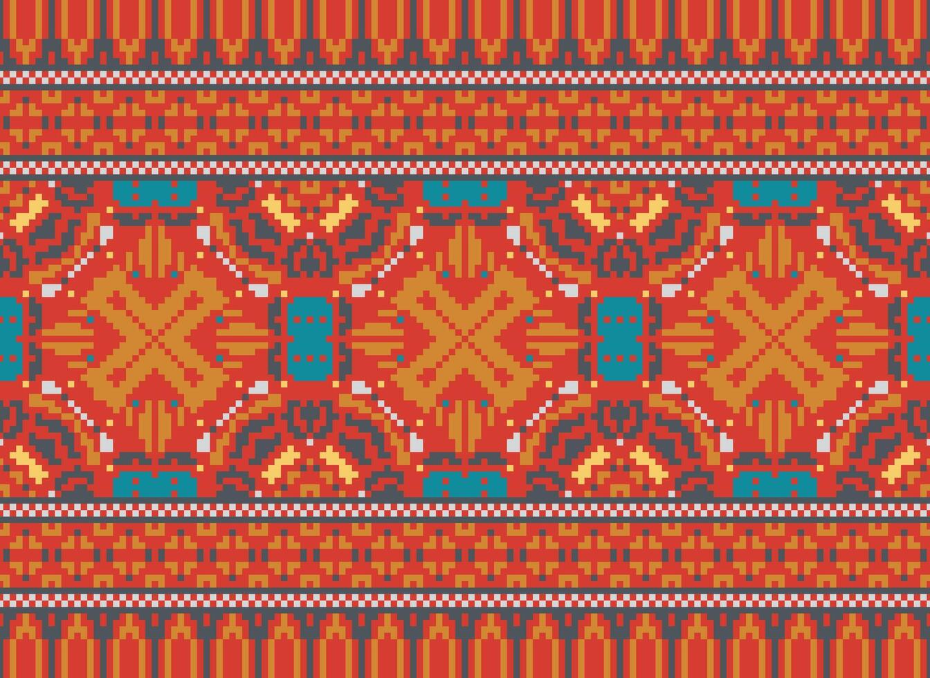 Cross Stitch Embroidery. Ethnic Patterns. Native Style. Traditional Design for texture, textile, fabric, clothing, Knitwear, print. Geometric Pixel Horizontal Seamless Vector. vector