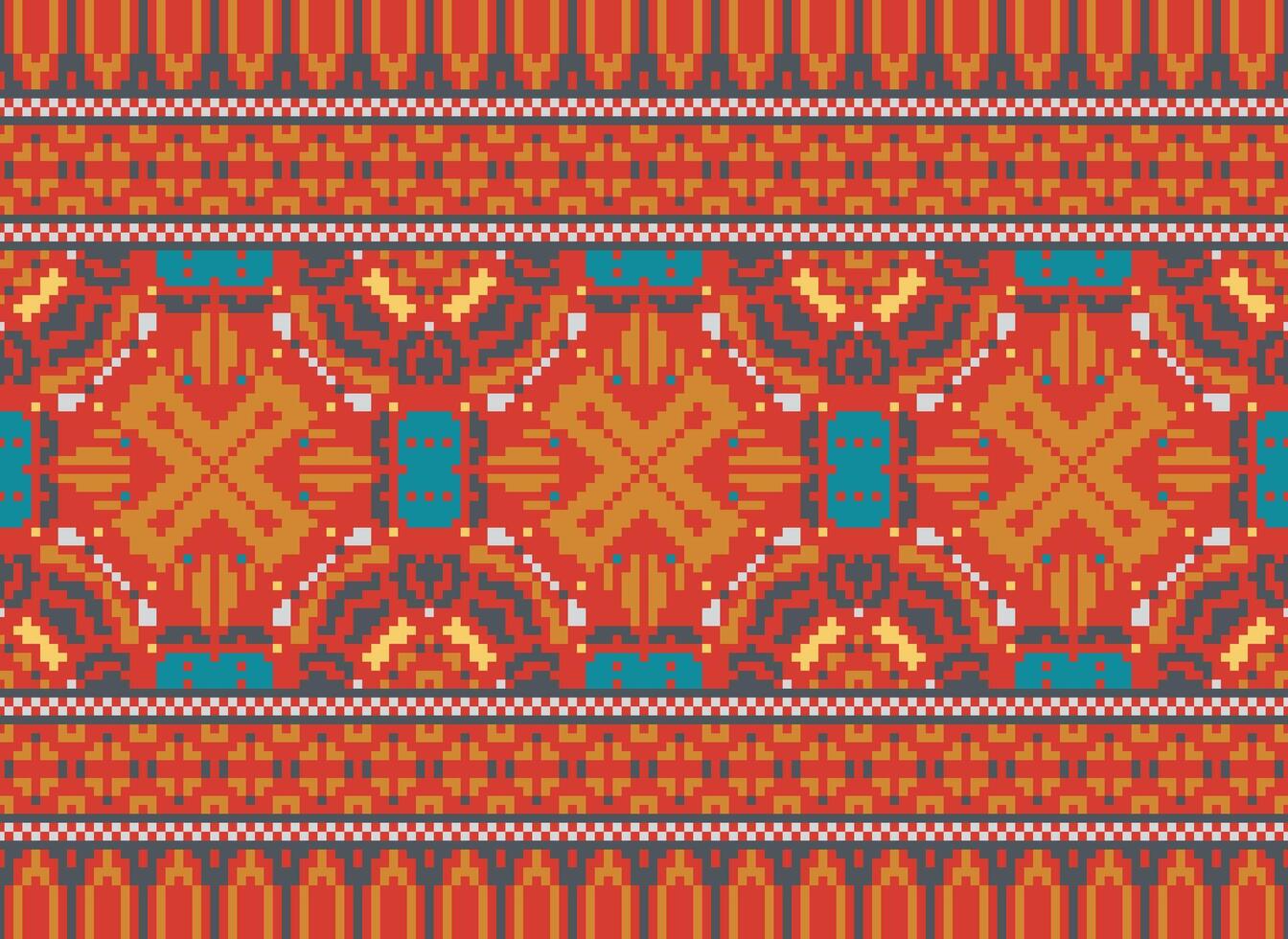 Cross Stitch Embroidery. Ethnic Patterns. Native Style. Traditional Design for texture, textile, fabric, clothing, Knitwear, print. Geometric Pixel Horizontal Seamless Vector. vector