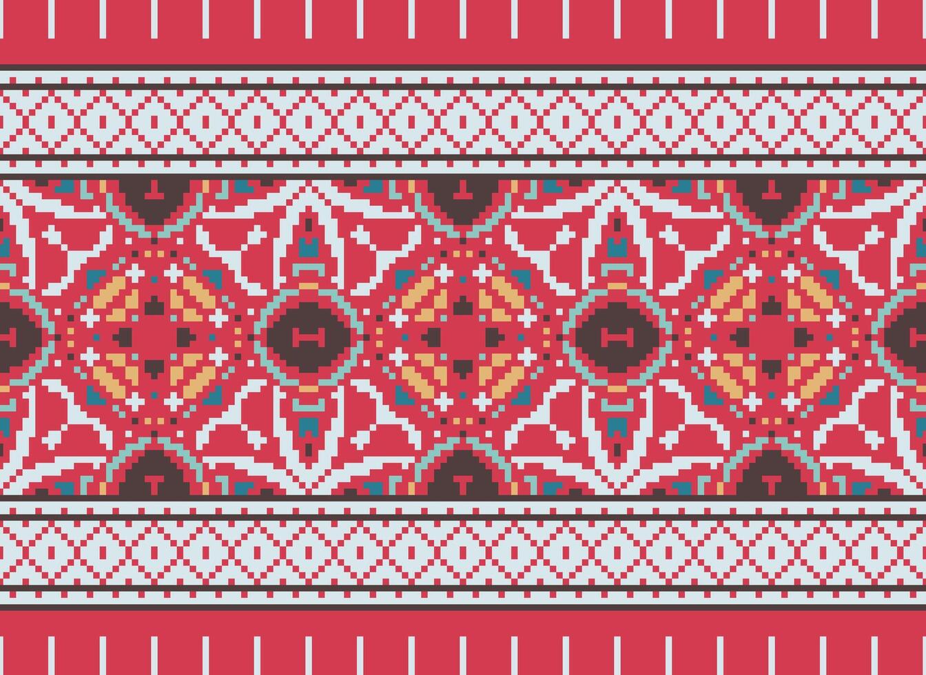 Cross Stitch Embroidery. Ethnic Patterns. Native Style. Traditional Design for texture, textile, fabric, clothing, Knitwear, print. Geometric Pixel Horizontal Seamless Vector. vector