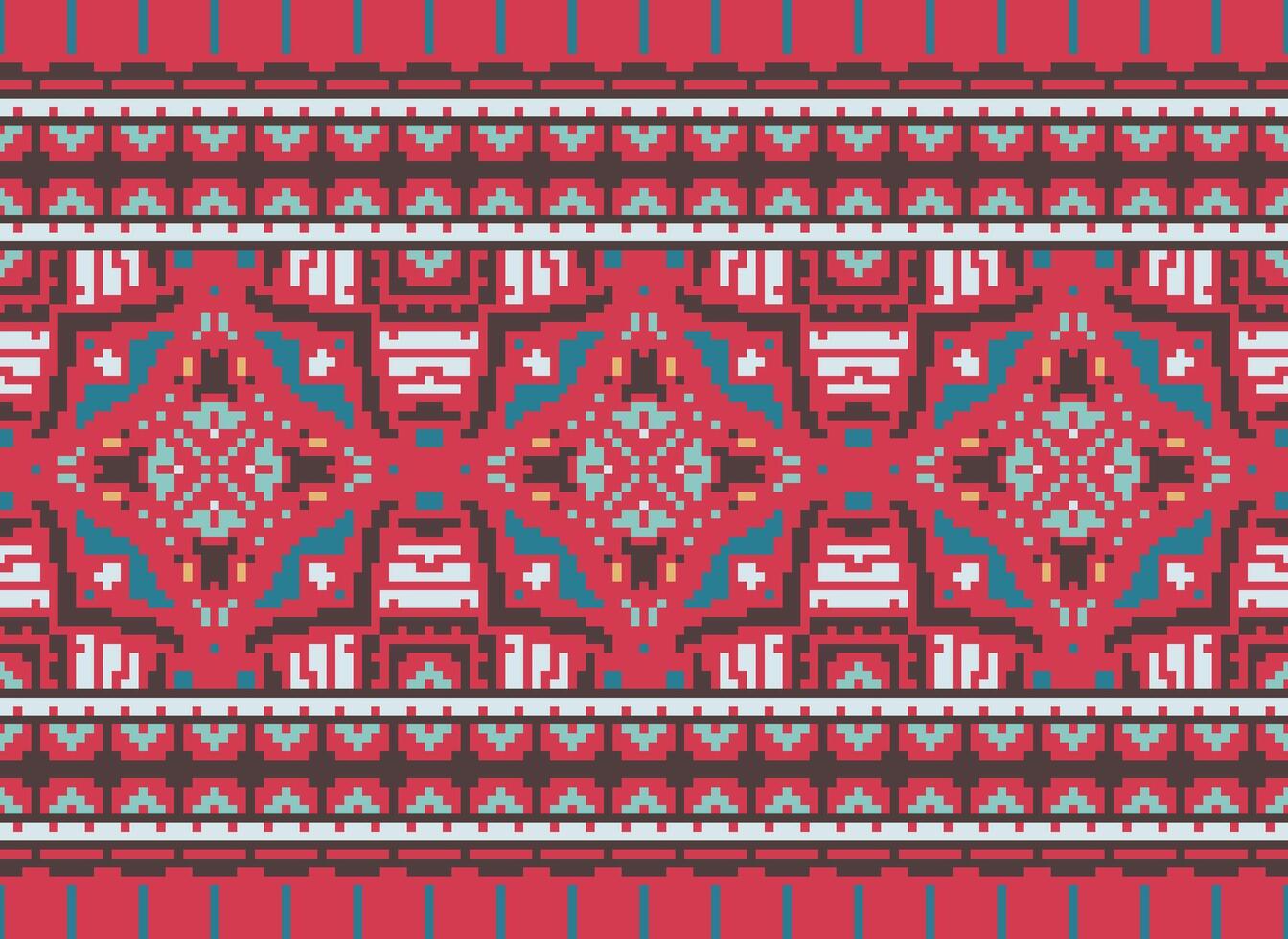 Cross Stitch Embroidery. Ethnic Patterns. Native Style. Traditional Design for texture, textile, fabric, clothing, Knitwear, print. Geometric Pixel Horizontal Seamless Vector. vector