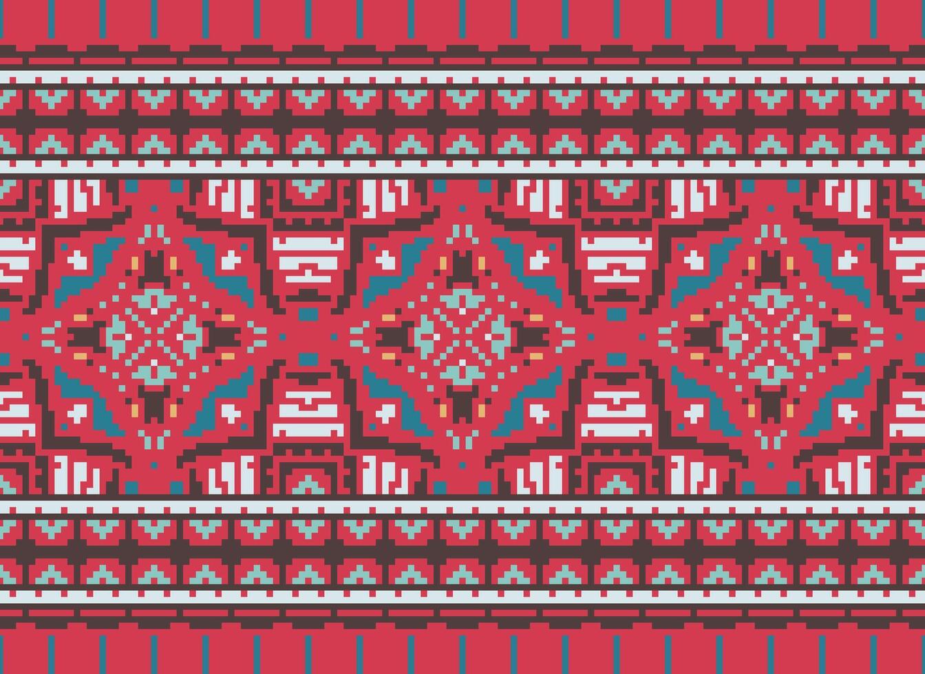 Cross Stitch Embroidery. Ethnic Patterns. Native Style. Traditional Design for texture, textile, fabric, clothing, Knitwear, print. Geometric Pixel Horizontal Seamless Vector. vector