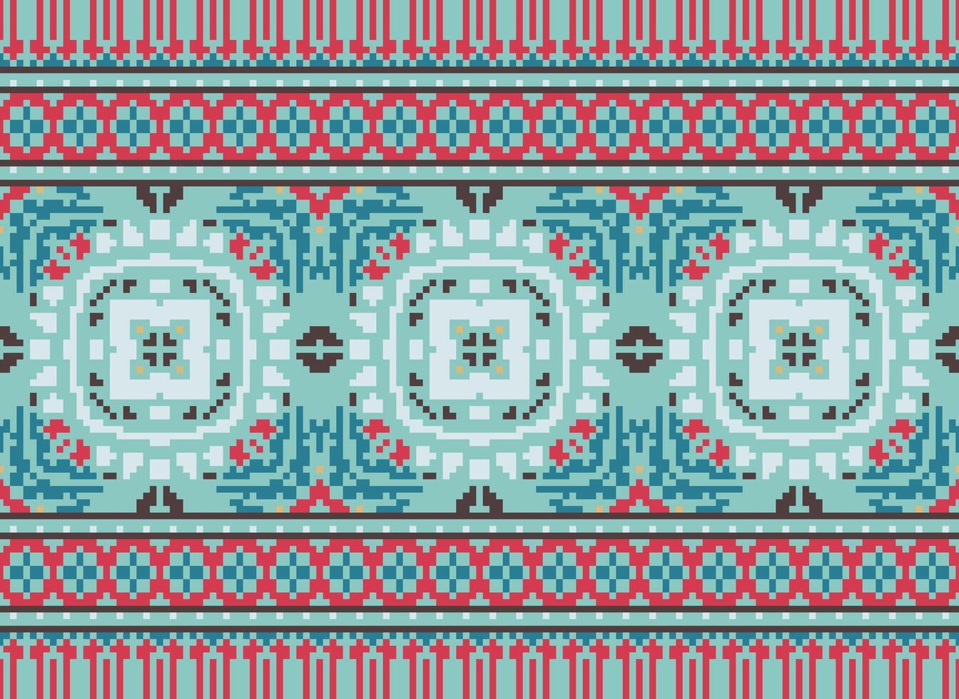 Cross Stitch Embroidery. Ethnic Patterns. Native Style. Traditional Design for texture, textile, fabric, clothing, Knitwear, print. Geometric Pixel Horizontal Seamless Vector. vector