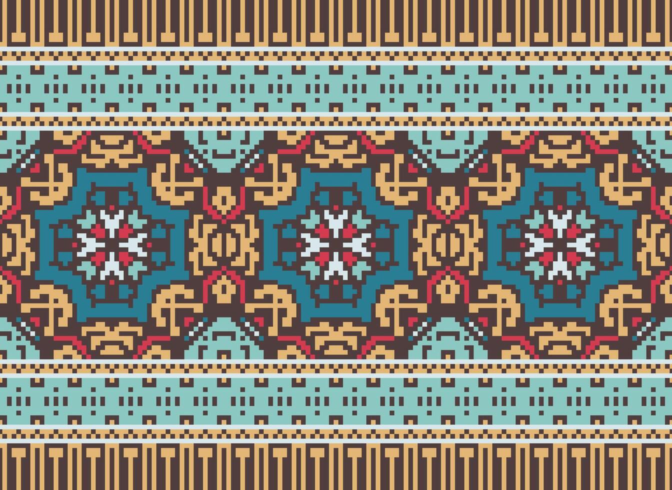Cross Stitch Embroidery. Ethnic Patterns. Native Style. Traditional Design for texture, textile, fabric, clothing, Knitwear, print. Geometric Pixel Horizontal Seamless Vector. vector