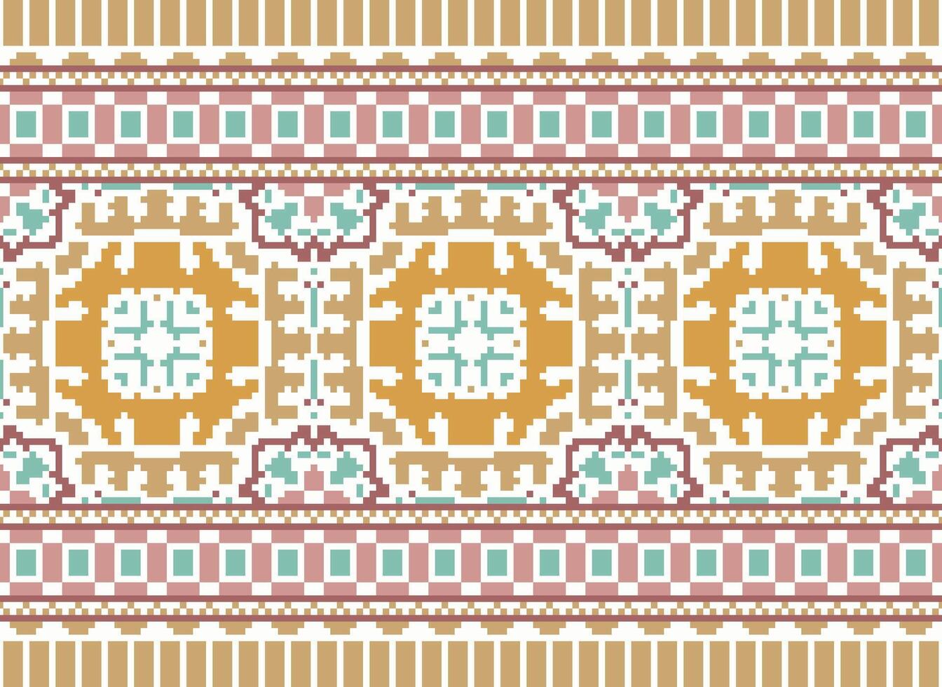 Cross Stitch Embroidery. Ethnic Patterns. Native Style. Traditional Design for texture, textile, fabric, clothing, Knitwear, print. Geometric Pixel Horizontal Seamless Vector. vector