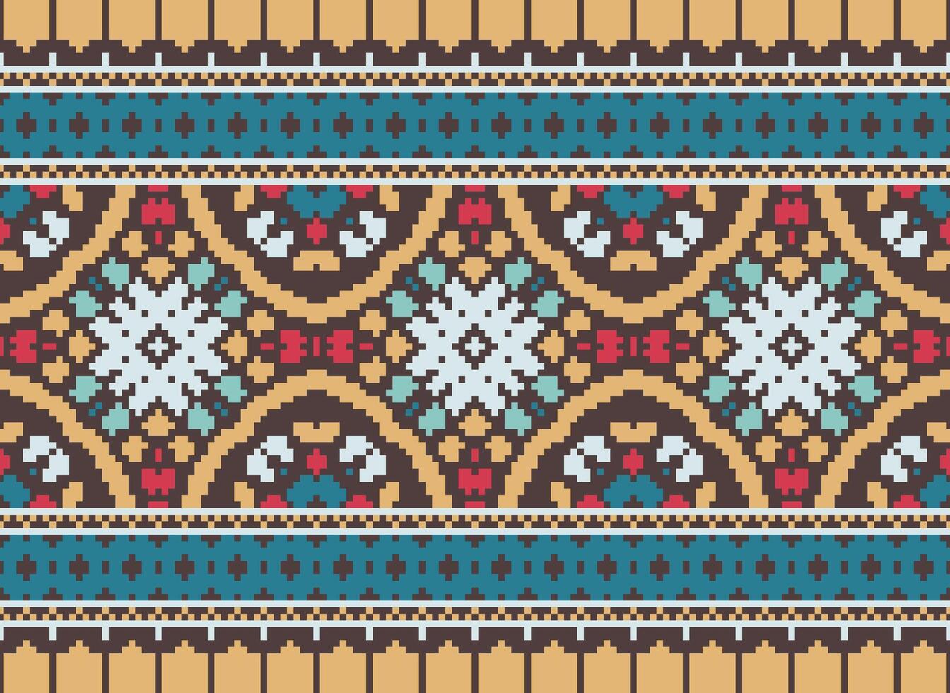 Cross Stitch Embroidery. Ethnic Patterns. Native Style. Traditional Design for texture, textile, fabric, clothing, Knitwear, print. Geometric Pixel Horizontal Seamless Vector. vector