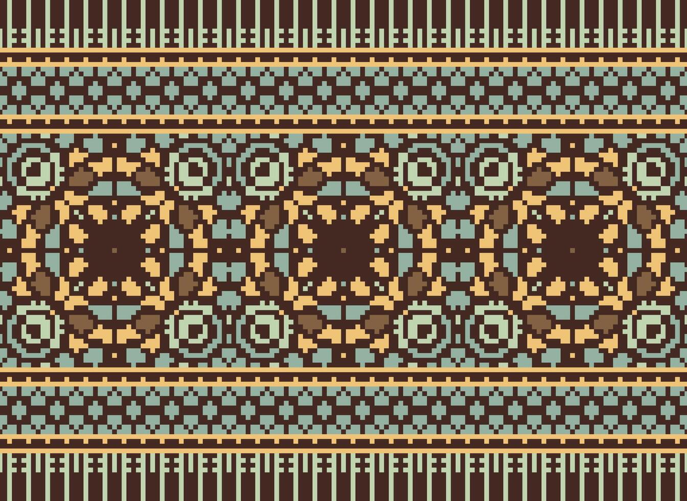 Cross Stitch Embroidery. Ethnic Patterns. Native Style. Traditional Design for texture, textile, fabric, clothing, Knitwear, print. Geometric Pixel Horizontal Seamless Vector. vector