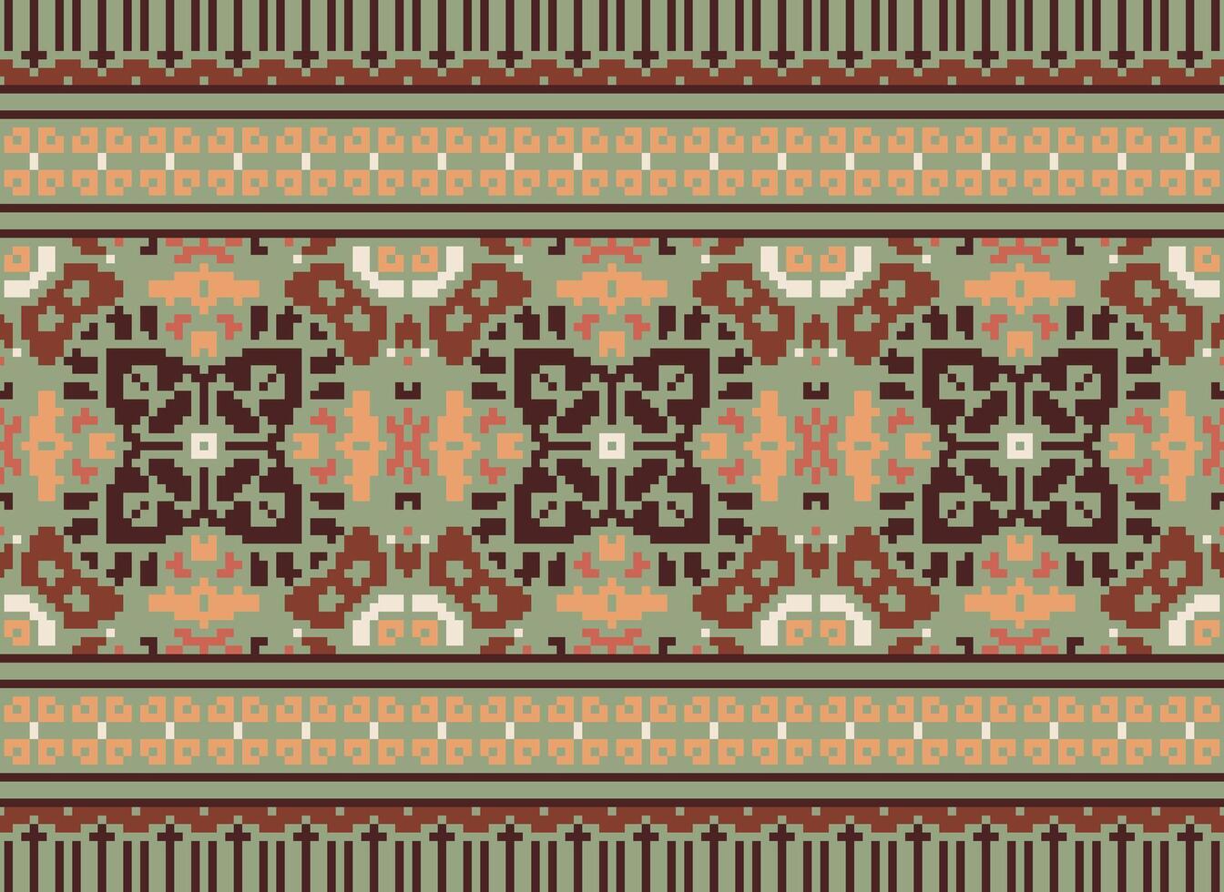 Cross Stitch Embroidery. Ethnic Patterns. Native Style. Traditional Design for texture, textile, fabric, clothing, Knitwear, print. Geometric Pixel Horizontal Seamless Vector. vector