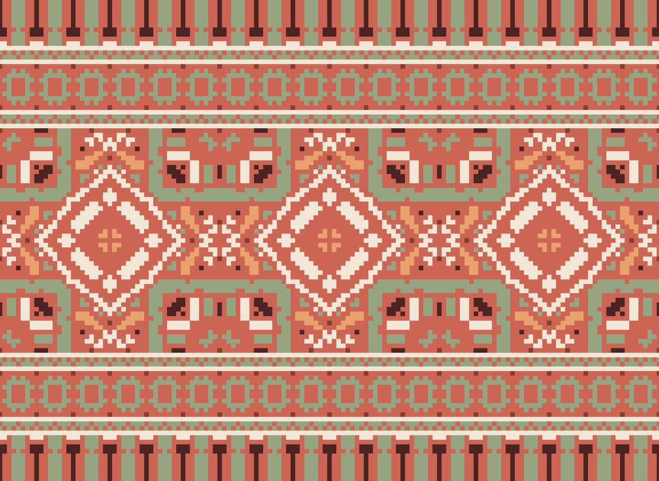 Cross Stitch Embroidery. Ethnic Patterns. Native Style. Traditional Design for texture, textile, fabric, clothing, Knitwear, print. Geometric Pixel Horizontal Seamless Vector. vector