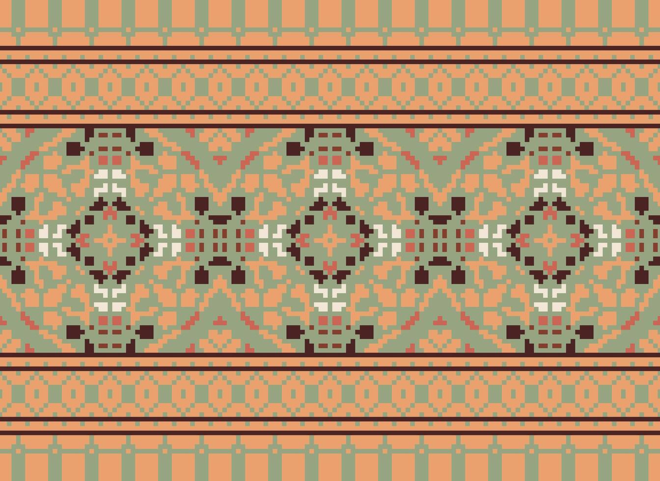 Cross Stitch Embroidery. Ethnic Patterns. Native Style. Traditional Design for texture, textile, fabric, clothing, Knitwear, print. Geometric Pixel Horizontal Seamless Vector. vector
