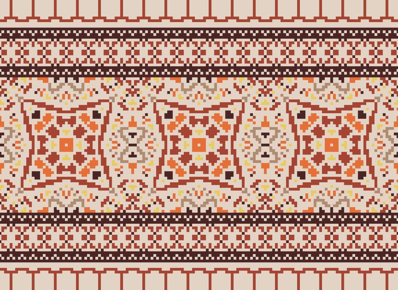 Cross Stitch Embroidery. Ethnic Patterns. Native Style. Traditional Design for texture, textile, fabric, clothing, Knitwear, print. Geometric Pixel Horizontal Seamless Vector. vector