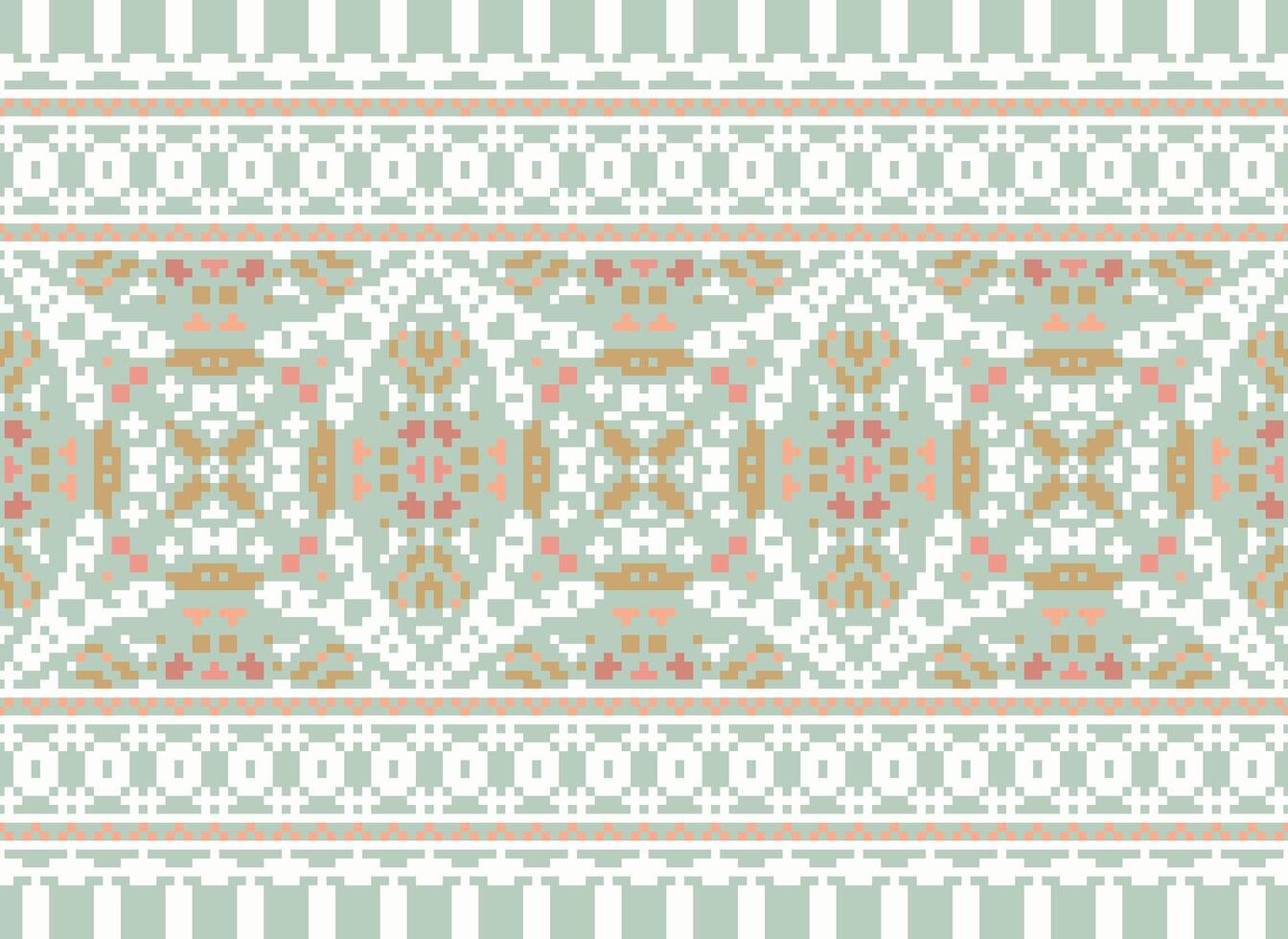 Pixel Cross Stitch Embroidery. Ethnic Patterns. Native Style. Traditional Design for texture, textile, fabric, clothing, Knitwear, print. Geometric Pixel Horizontal Seamless Vector. vector