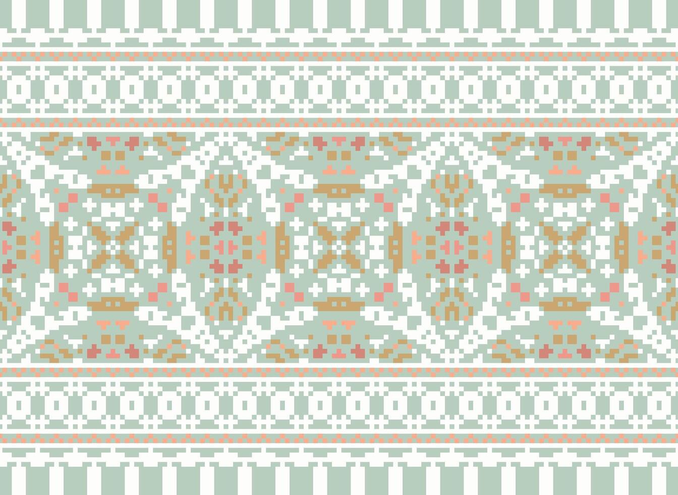 Pixel Cross Stitch Embroidery. Ethnic Patterns. Native Style. Traditional Design for texture, textile, fabric, clothing, Knitwear, print. Geometric Pixel Horizontal Seamless Vector. vector