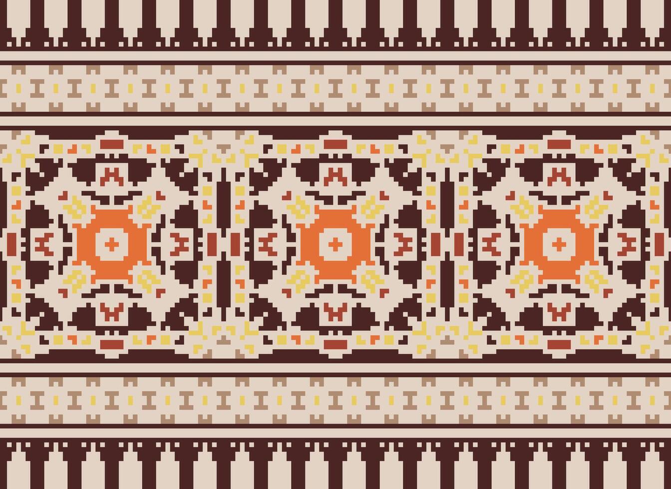 Pixel Cross Stitch Embroidery. Ethnic Patterns. Native Style. Traditional Design for texture, textile, fabric, clothing, Knitwear, print. Geometric Pixel Horizontal Seamless Vector. vector