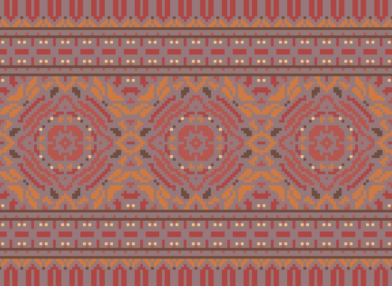 Pixel Cross Stitch Embroidery. Ethnic Patterns. Native Style. Traditional Design for texture, textile, fabric, clothing, Knitwear, print. Geometric Pixel Horizontal Seamless Vector. vector