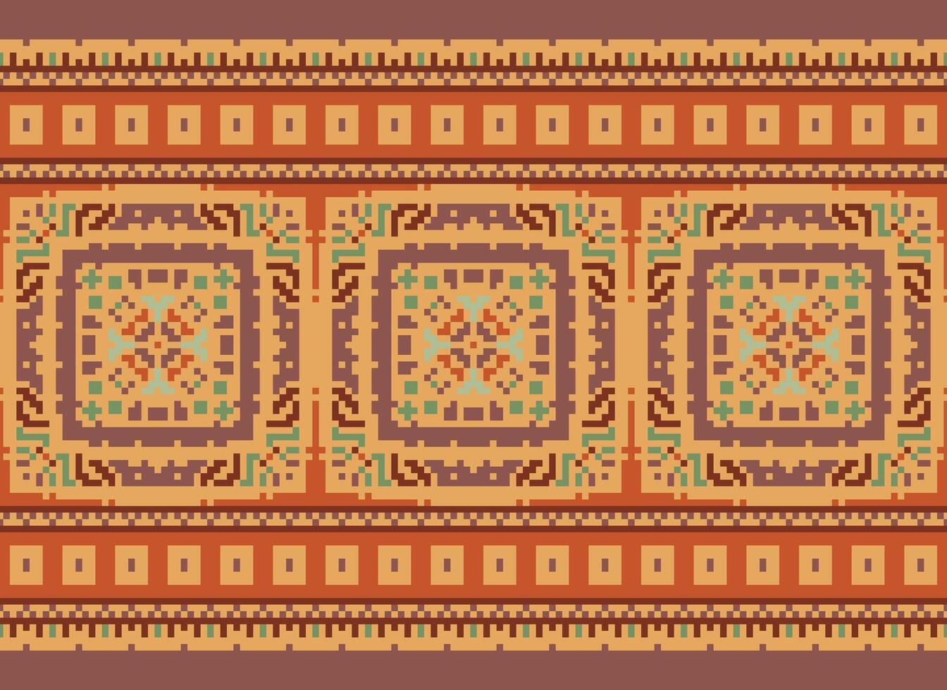 Pixel Cross Stitch Embroidery. Ethnic Patterns. Native Style. Traditional Design for texture, textile, fabric, clothing, Knitwear, print. Geometric Pixel Horizontal Seamless Vector. vector