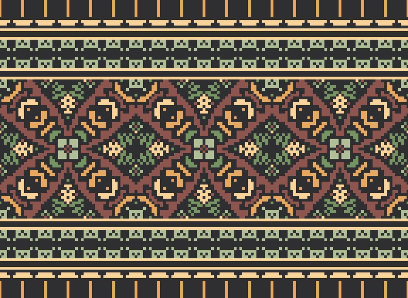 Pixel Cross Stitch Embroidery. Ethnic Patterns. Native Style. Traditional Design for texture, textile, fabric, clothing, Knitwear, print. Geometric Pixel Horizontal Seamless Vector. vector