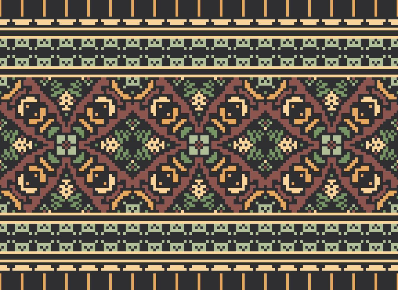 Pixel Cross Stitch Embroidery. Ethnic Patterns. Native Style. Traditional Design for texture, textile, fabric, clothing, Knitwear, print. Geometric Pixel Horizontal Seamless Vector. vector