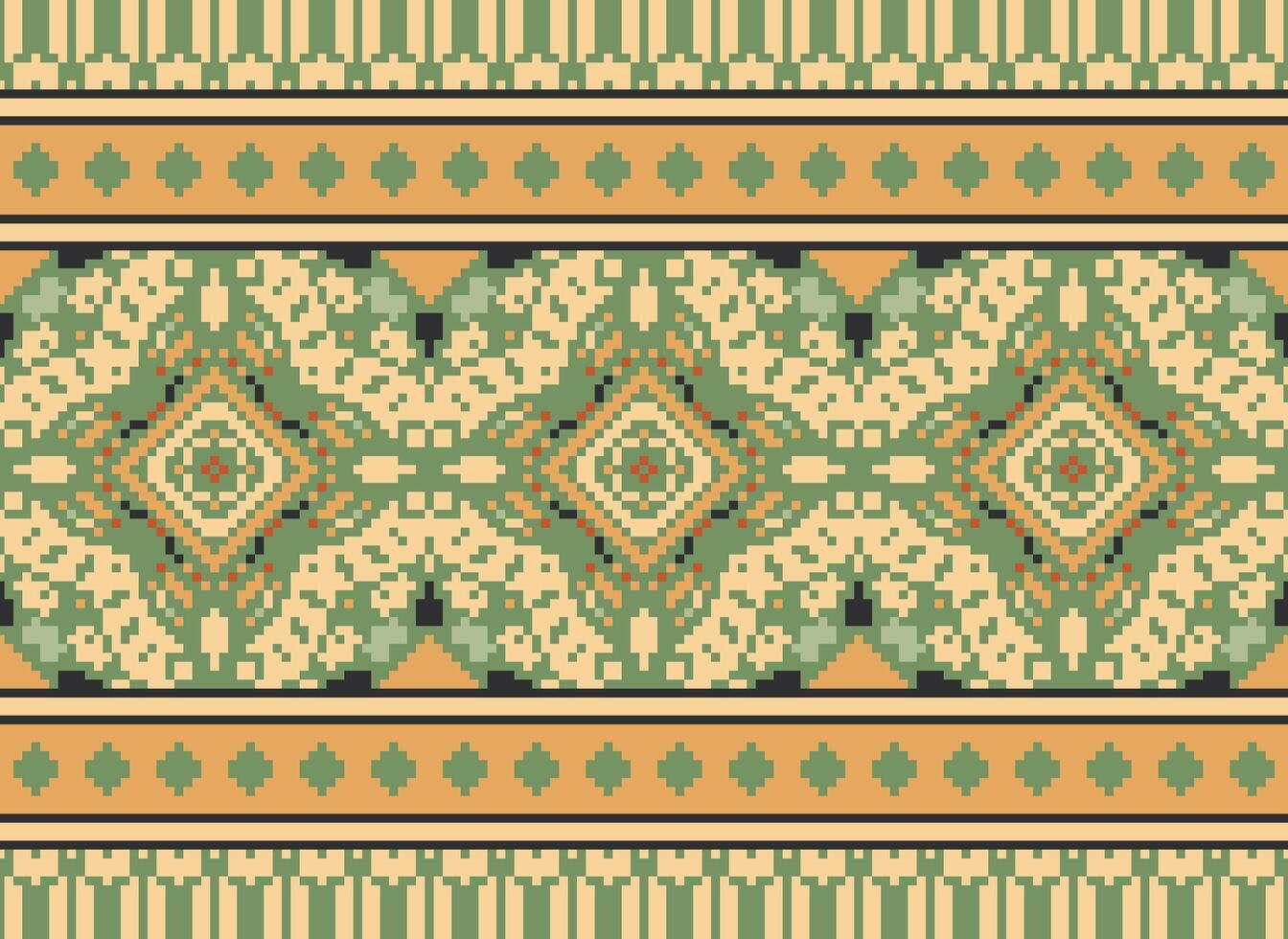 Pixel Cross Stitch Embroidery. Ethnic Patterns. Native Style. Traditional Design for texture, textile, fabric, clothing, Knitwear, print. Geometric Pixel Horizontal Seamless Vector. vector