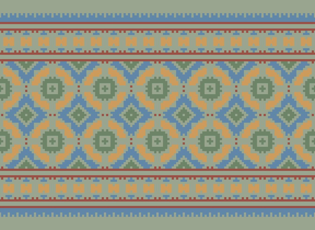 Pixel Cross Stitch Embroidery. Ethnic Patterns. Native Style. Traditional Design for texture, textile, fabric, clothing, Knitwear, print. Geometric Pixel Horizontal Seamless Vector. vector