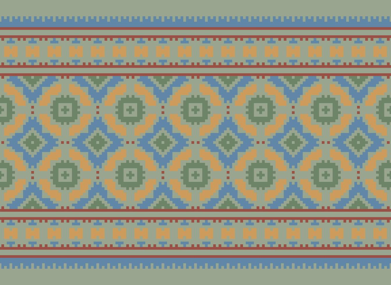 Pixel Cross Stitch Embroidery. Ethnic Patterns. Native Style. Traditional Design for texture, textile, fabric, clothing, Knitwear, print. Geometric Pixel Horizontal Seamless Vector. vector