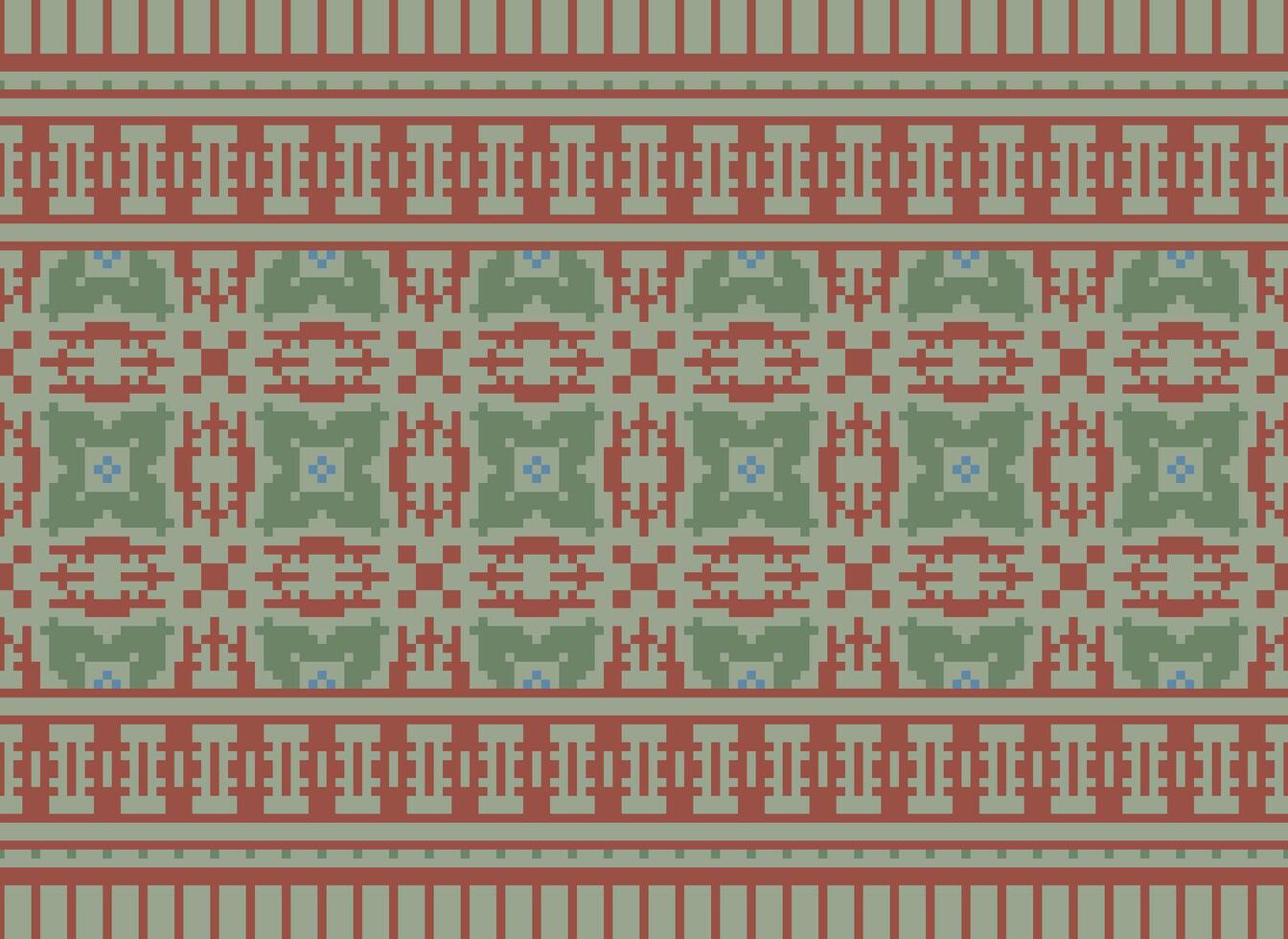 Pixel Cross Stitch Embroidery. Ethnic Patterns. Native Style. Traditional Design for texture, textile, fabric, clothing, Knitwear, print. Geometric Pixel Horizontal Seamless Vector. vector