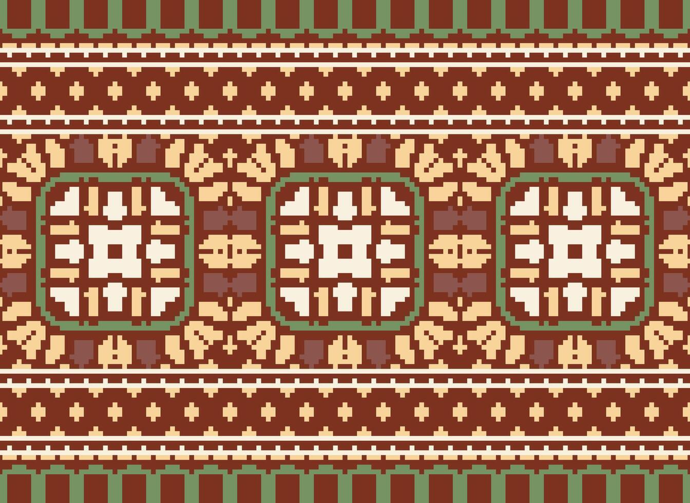 Pixel Cross Stitch Embroidery. Ethnic Patterns. Native Style. Traditional Design for texture, textile, fabric, clothing, Knitwear, print. Geometric Pixel Horizontal Seamless Vector. vector