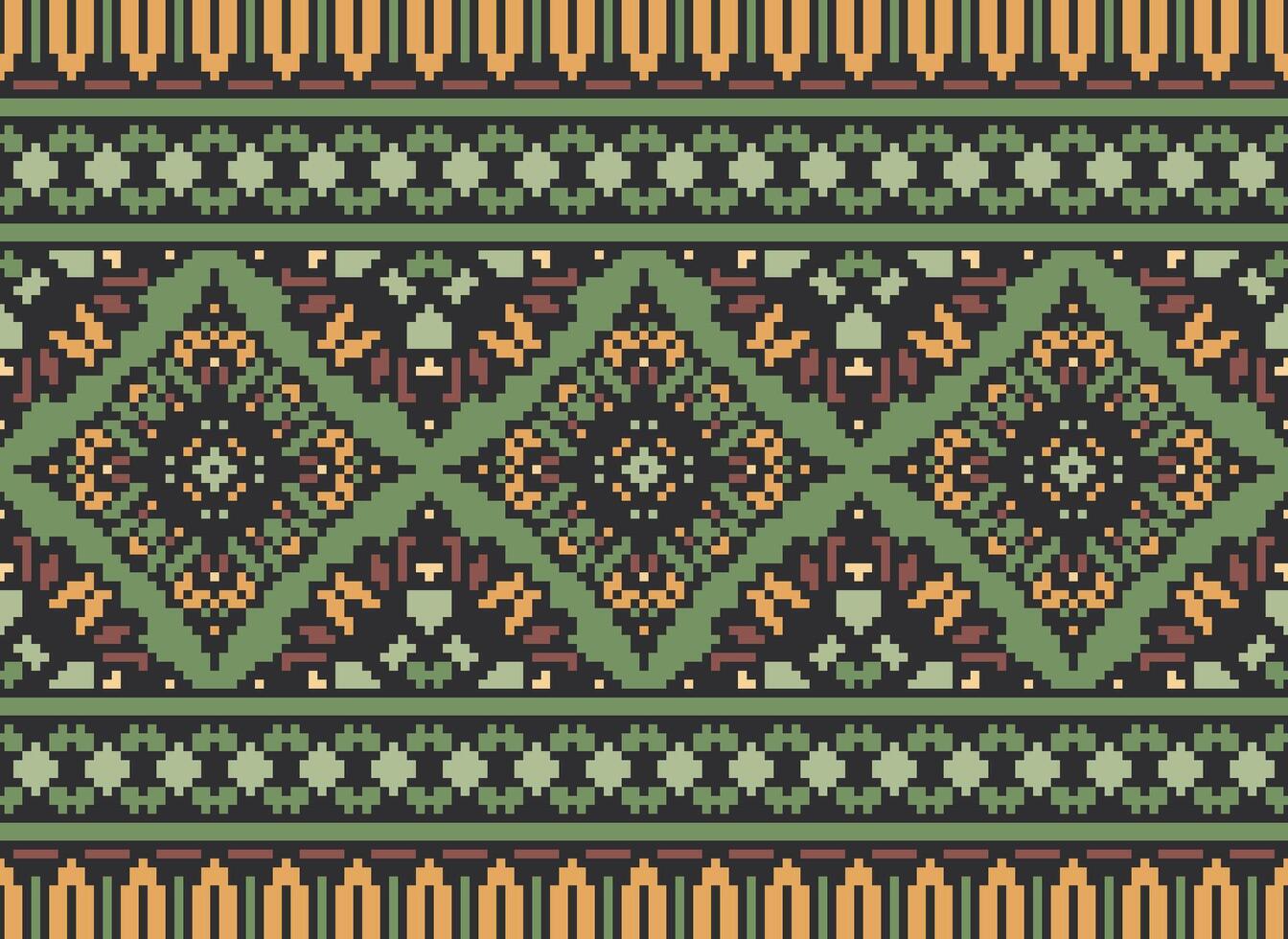 Pixel Cross Stitch Embroidery. Ethnic Patterns. Native Style. Traditional Design for texture, textile, fabric, clothing, Knitwear, print. Geometric Pixel Horizontal Seamless Vector. vector