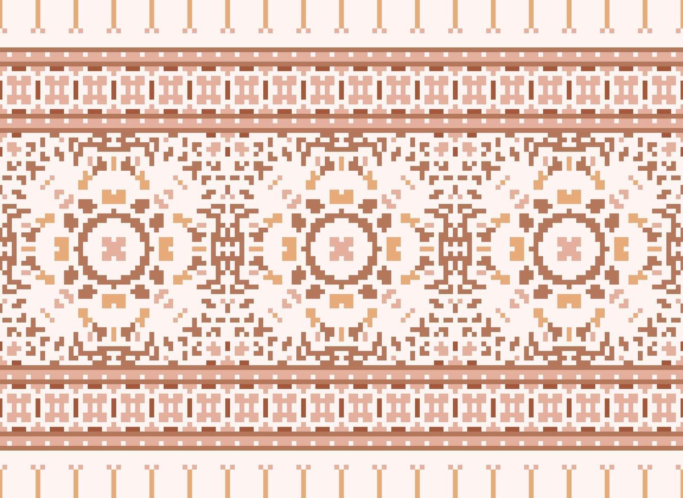 Pixel Cross Stitch Embroidery. Ethnic Patterns. Native Style. Traditional Design for texture, textile, fabric, clothing, Knitwear, print. Geometric Pixel Horizontal Seamless Vector. vector