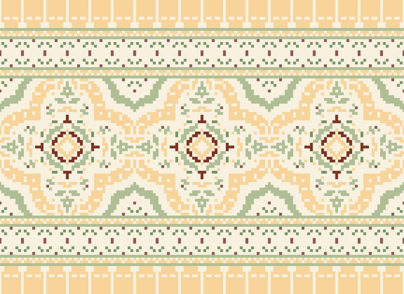 Pixel Cross Stitch Embroidery. Ethnic Patterns. Native Style. Traditional Design for texture, textile, fabric, clothing, Knitwear, print. Geometric Pixel Horizontal Seamless Vector. vector