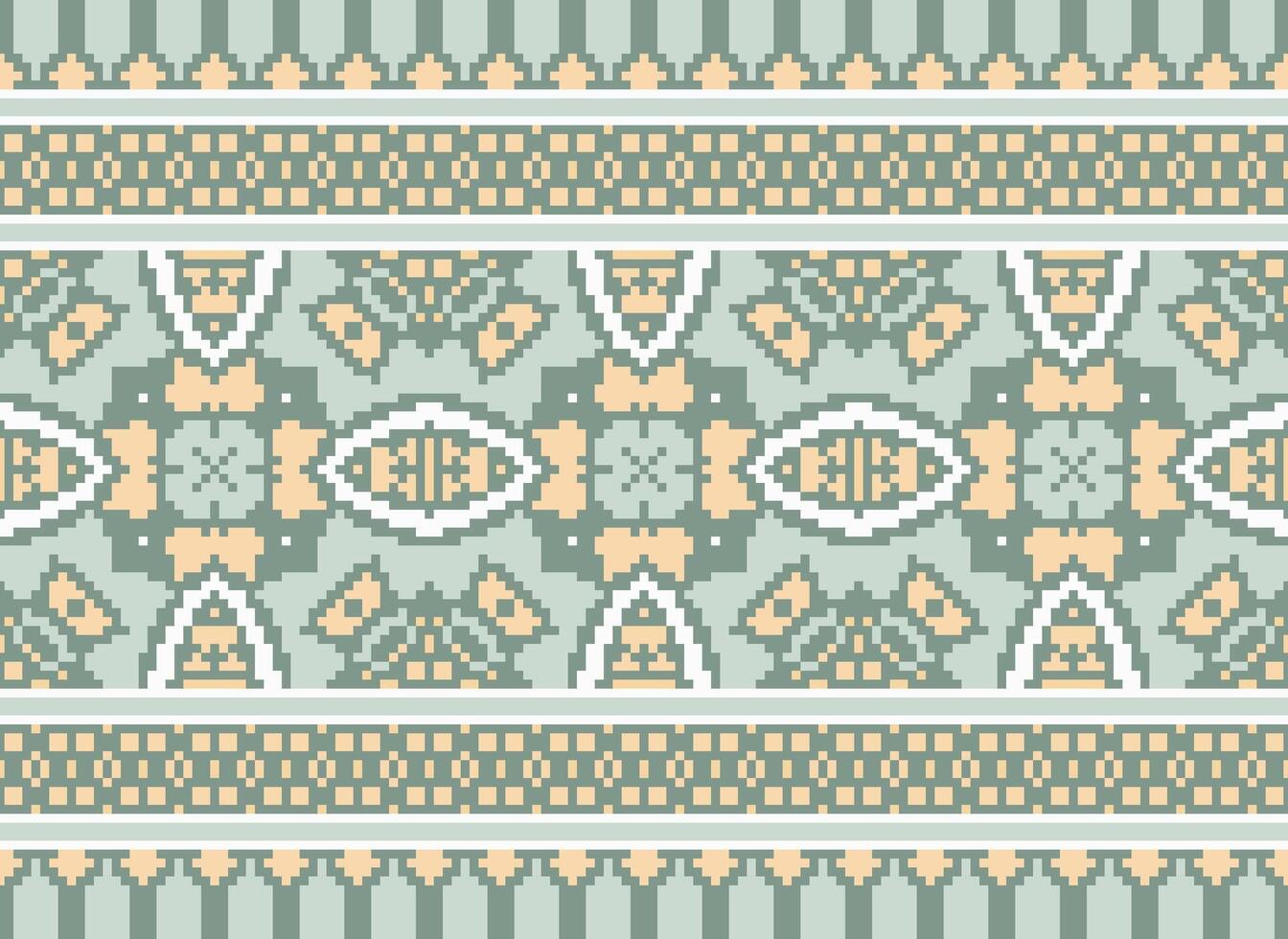 Pixel Cross Stitch Embroidery. Ethnic Patterns. Native Style. Traditional Design for texture, textile, fabric, clothing, Knitwear, print. Geometric Pixel Horizontal Seamless Vector. vector