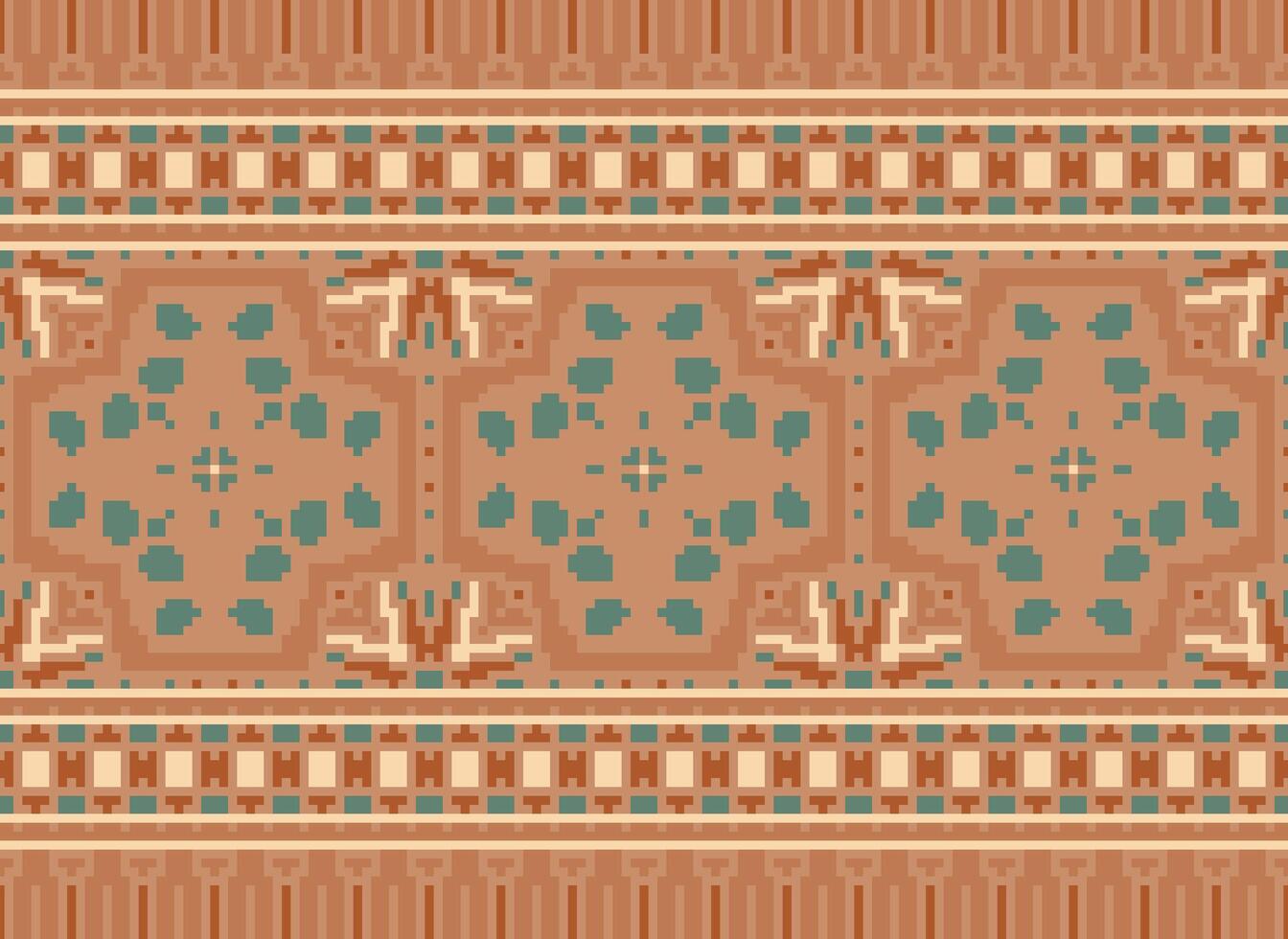 Pixel Cross Stitch Embroidery. Ethnic Patterns. Native Style. Traditional Design for texture, textile, fabric, clothing, Knitwear, print. Geometric Pixel Horizontal Seamless Vector. vector
