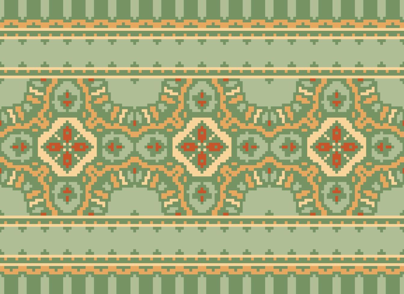 Pixel Cross Stitch Embroidery. Ethnic Patterns. Native Style. Traditional Design for texture, textile, fabric, clothing, Knitwear, print. Geometric Pixel Horizontal Seamless Vector. vector
