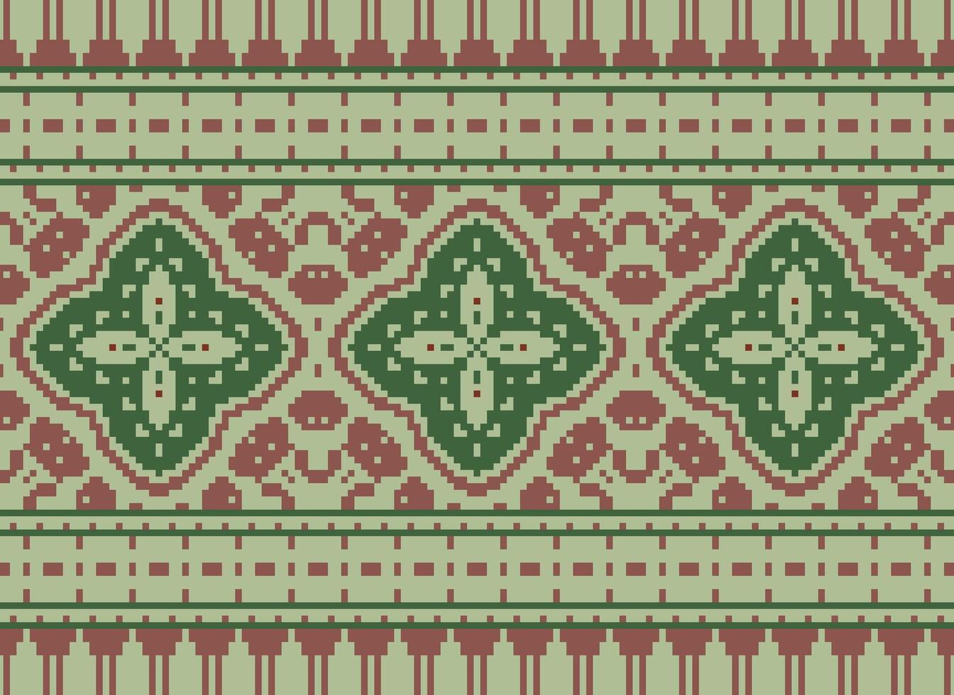 Pixel Cross Stitch Embroidery. Ethnic Patterns. Native Style. Traditional Design for texture, textile, fabric, clothing, Knitwear, print. Geometric Pixel Horizontal Seamless Vector. vector