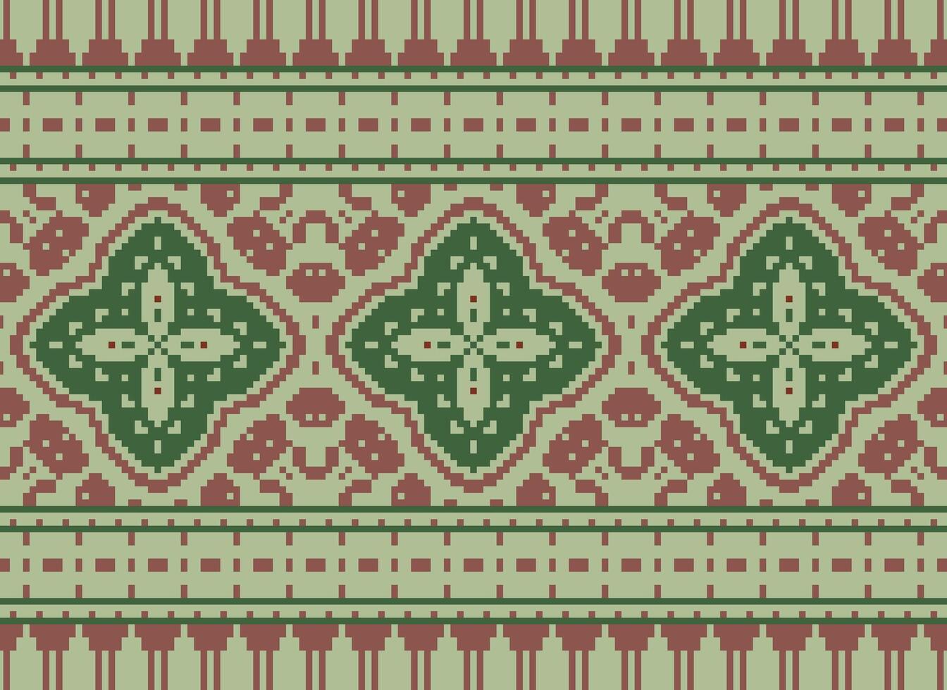 Pixel Cross Stitch Embroidery. Ethnic Patterns. Native Style. Traditional Design for texture, textile, fabric, clothing, Knitwear, print. Geometric Pixel Horizontal Seamless Vector. vector