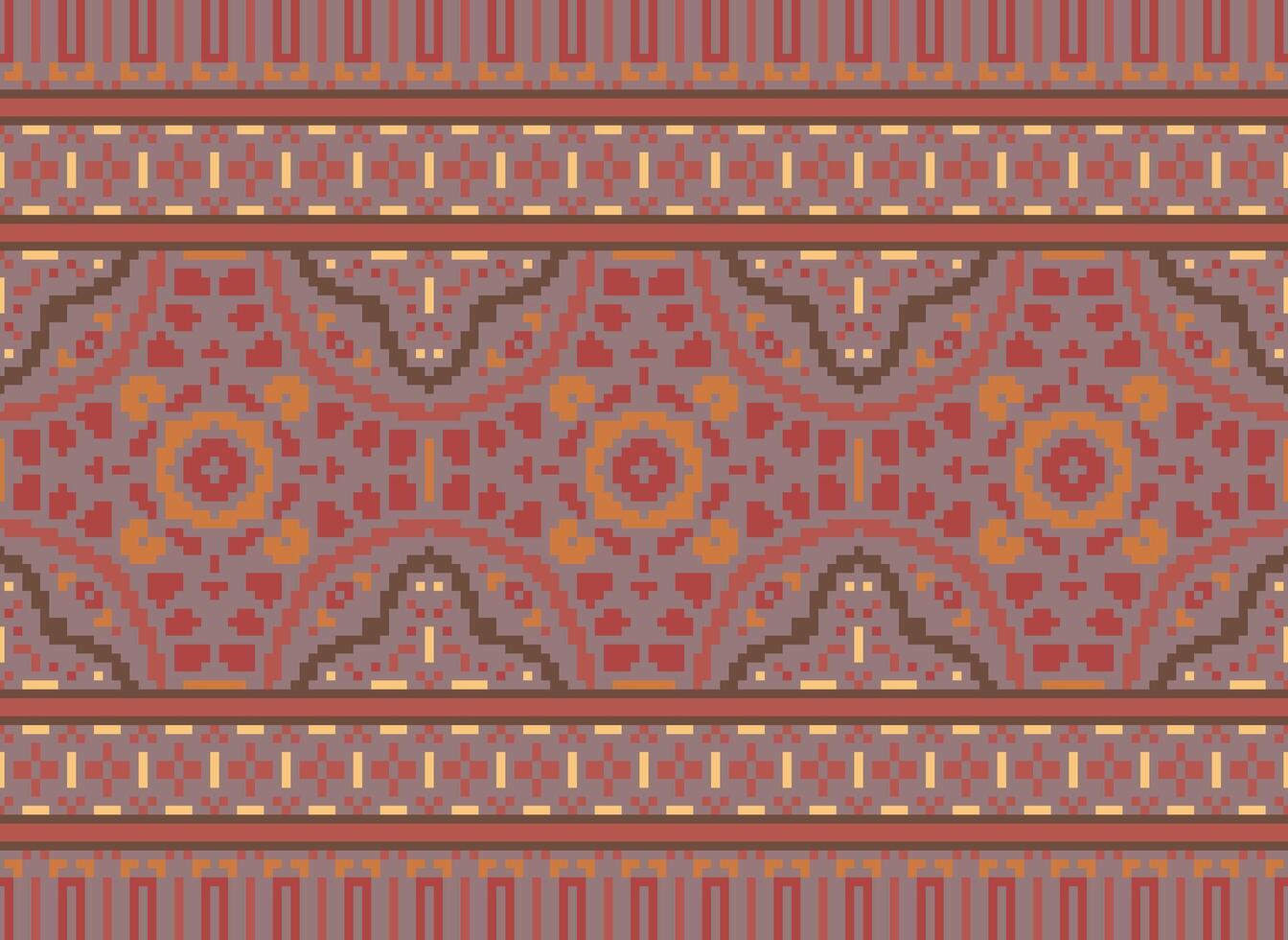 Pixel Cross Stitch Embroidery. Ethnic Patterns. Native Style. Traditional Design for texture, textile, fabric, clothing, Knitwear, print. Geometric Pixel Horizontal Seamless Vector. vector