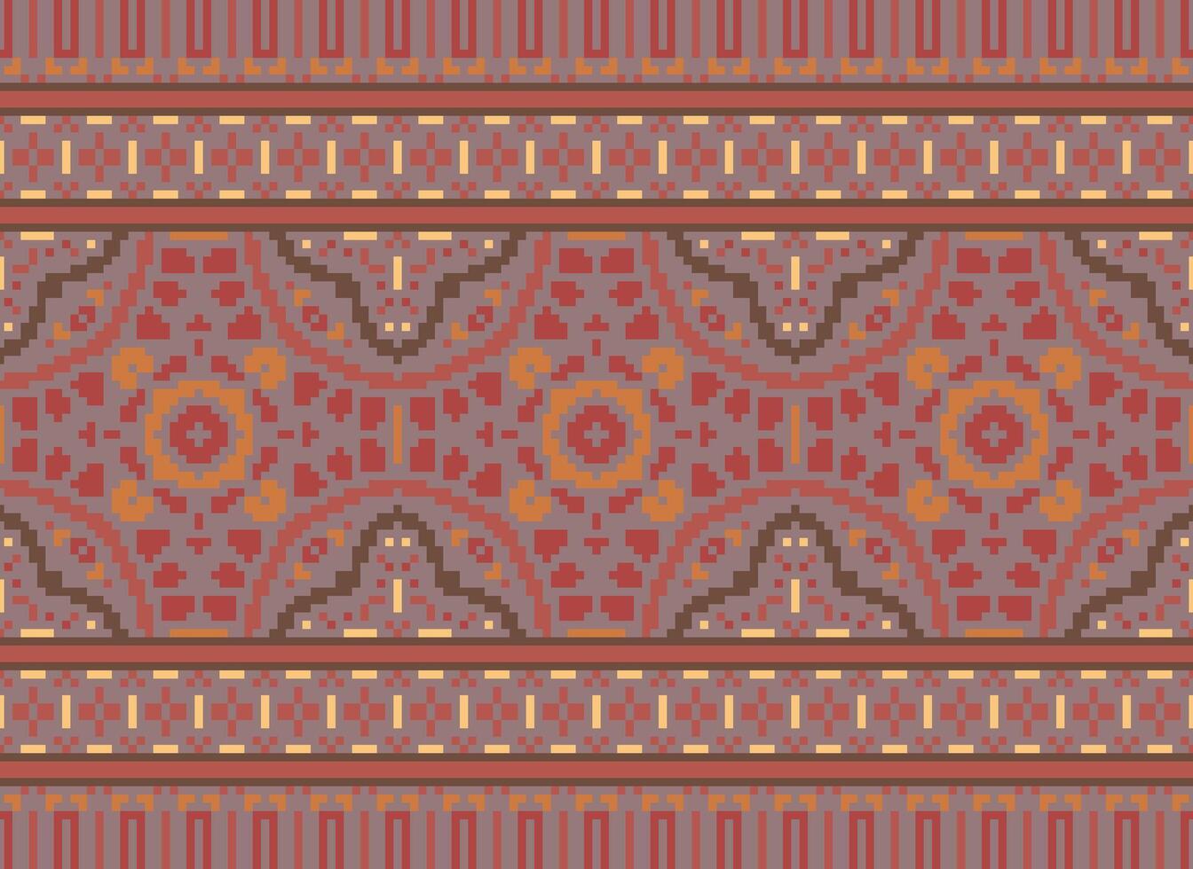 Pixel Cross Stitch Embroidery. Ethnic Patterns. Native Style. Traditional Design for texture, textile, fabric, clothing, Knitwear, print. Geometric Pixel Horizontal Seamless Vector. vector