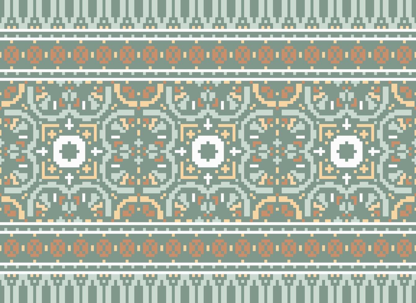 Pixel Cross Stitch Embroidery. Ethnic Patterns. Native Style. Traditional Design for texture, textile, fabric, clothing, Knitwear, print. Geometric Pixel Horizontal Seamless Vector. vector