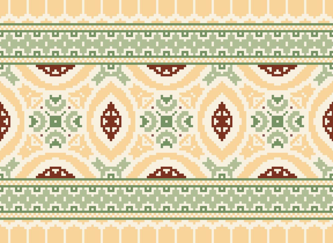 Pixel Cross Stitch Embroidery. Ethnic Patterns. Native Style. Traditional Design for texture, textile, fabric, clothing, Knitwear, print. Geometric Pixel Horizontal Seamless Vector. vector