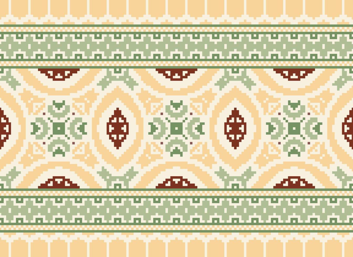 Pixel Cross Stitch Embroidery. Ethnic Patterns. Native Style. Traditional Design for texture, textile, fabric, clothing, Knitwear, print. Geometric Pixel Horizontal Seamless Vector. vector